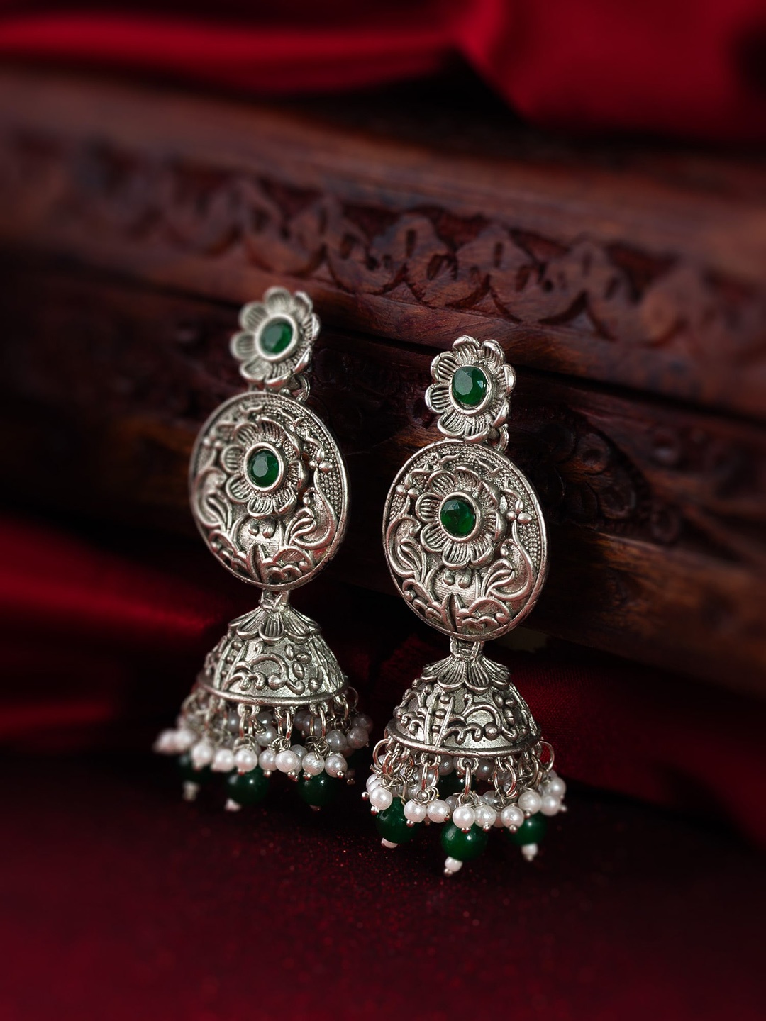 

aadita Gold-Plated Stone-Studded & Beaded Silver Contemporary Jhumkas