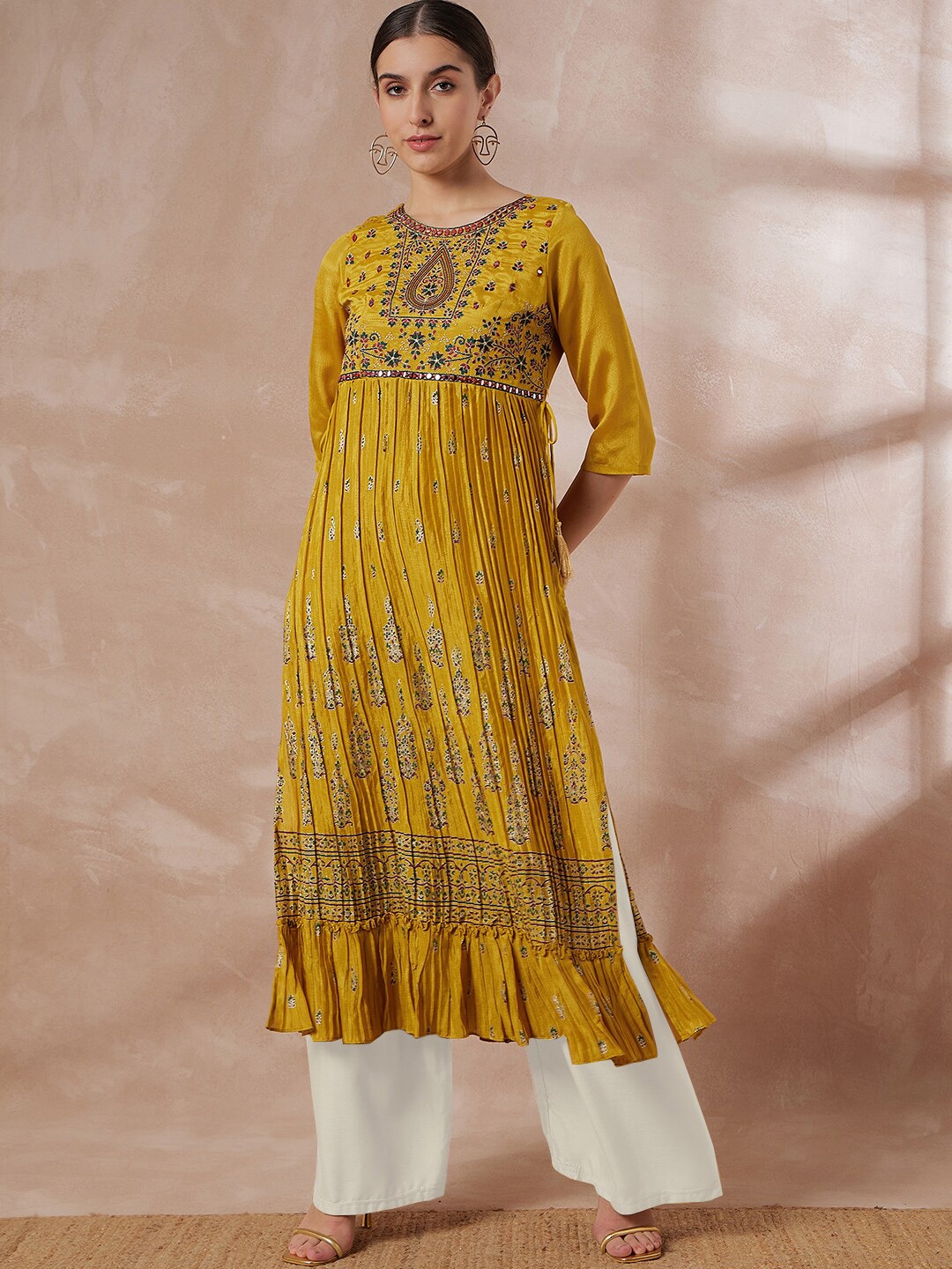 

all about you Mustard Floral Embroidered Round Neck Sequinned Pleated A-Line Kurta