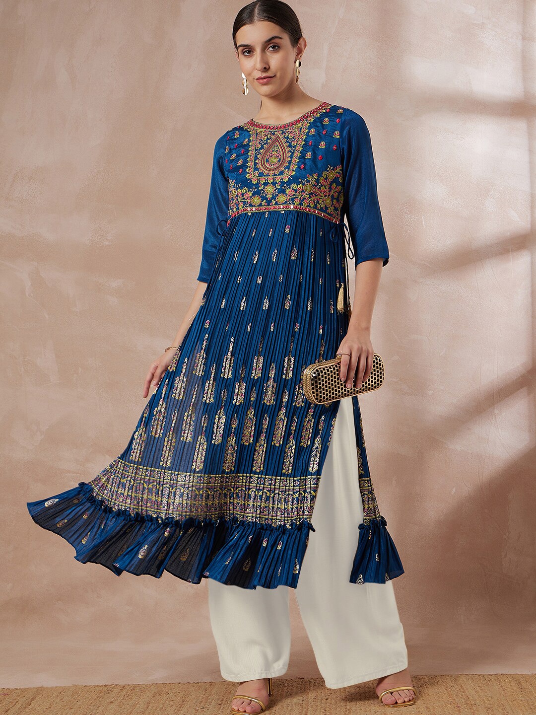 

all about you Blue Ethnic Motifs Embroidered Round Neck Pleated A-Line Kurta