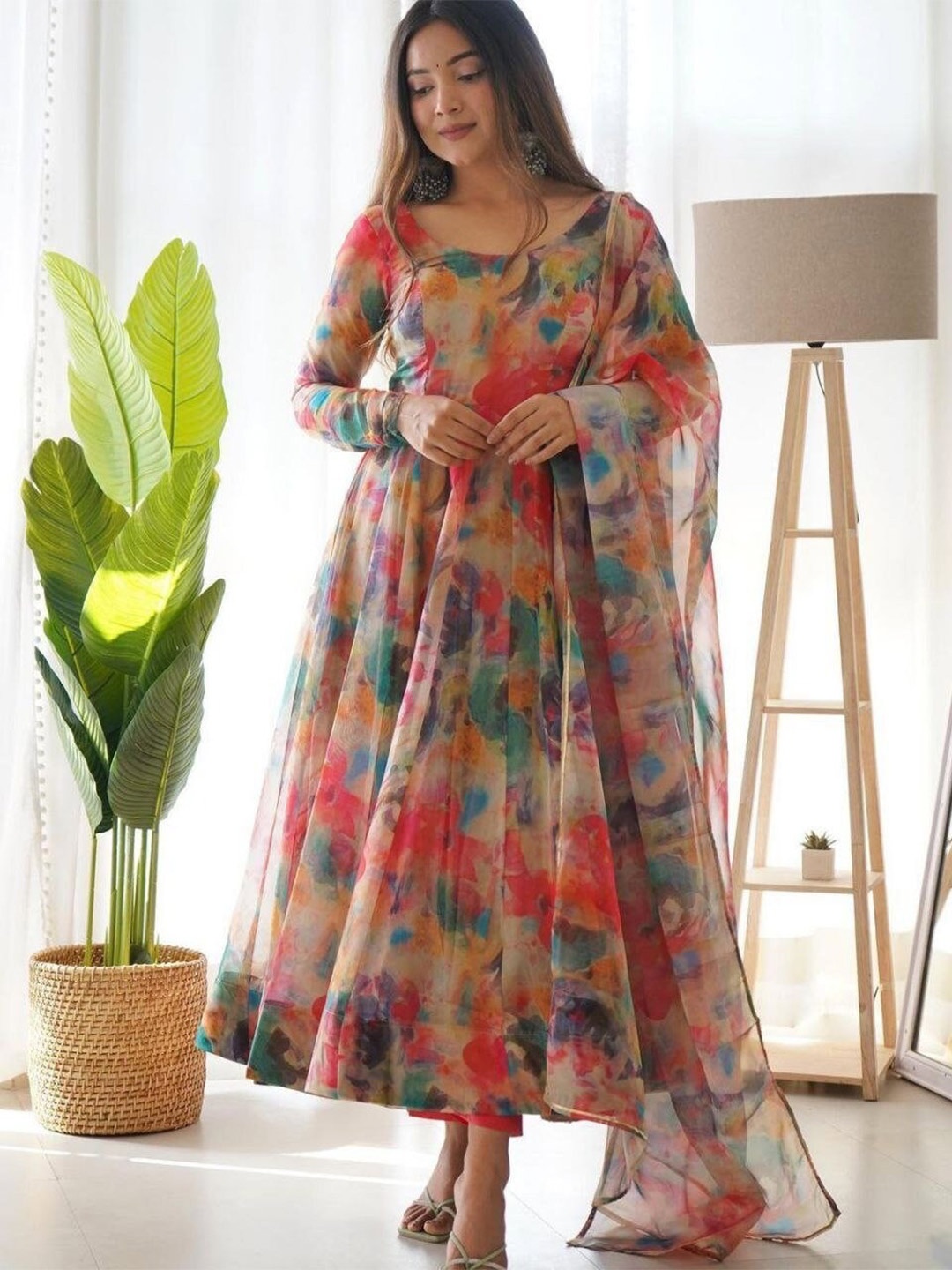 

KALINI Tie & Dye Dyed Long Sleeves Anarkali Kurta With Dupatta, Pink