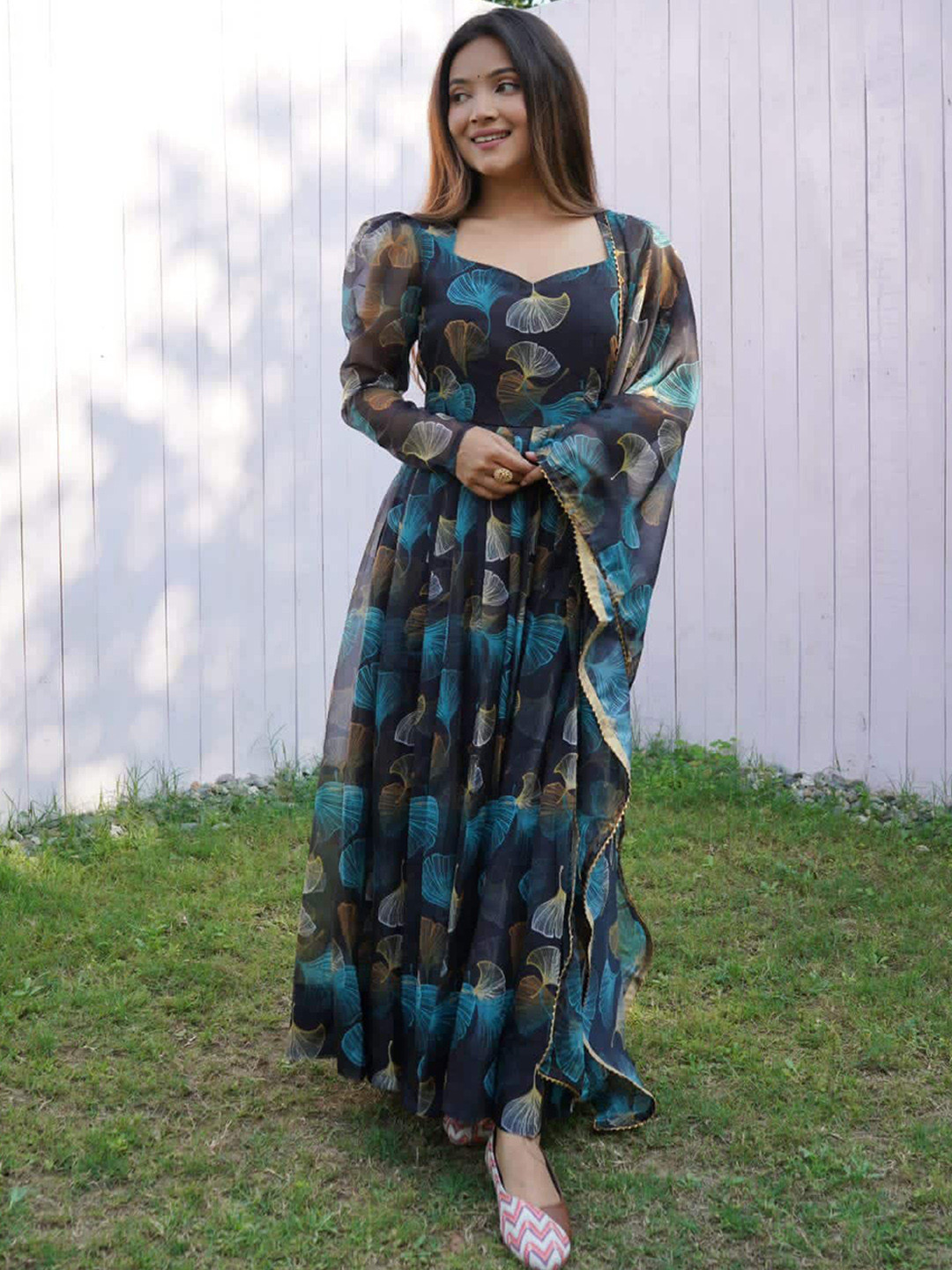 

KALINI Floral Printed Fit & Flared Ethnic Dress With Dupatta, Blue