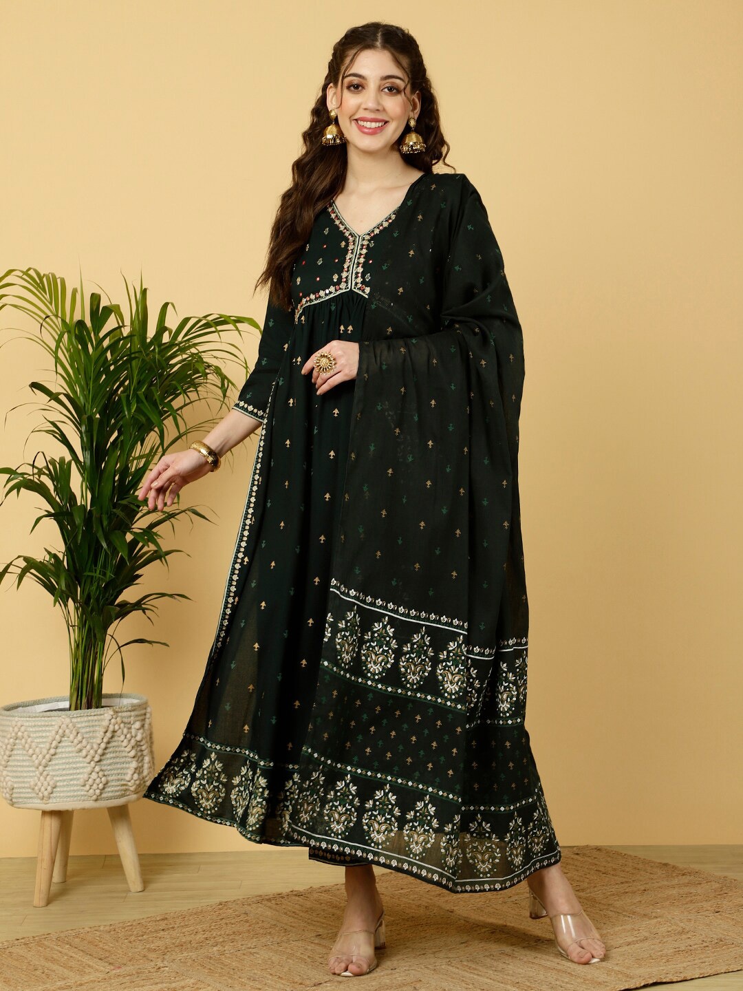 

KALINI Floral Embroidered Empire Mirror Work Kurta with Trousers & Dupatta, Green