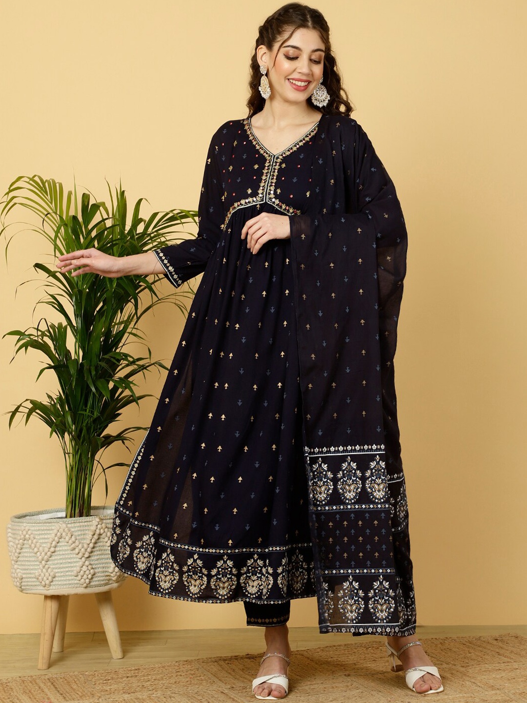 

KALINI Ethnic Motifs Embroidered Thread Work Anarkali Kurta With Trousers & Dupatta, Navy blue