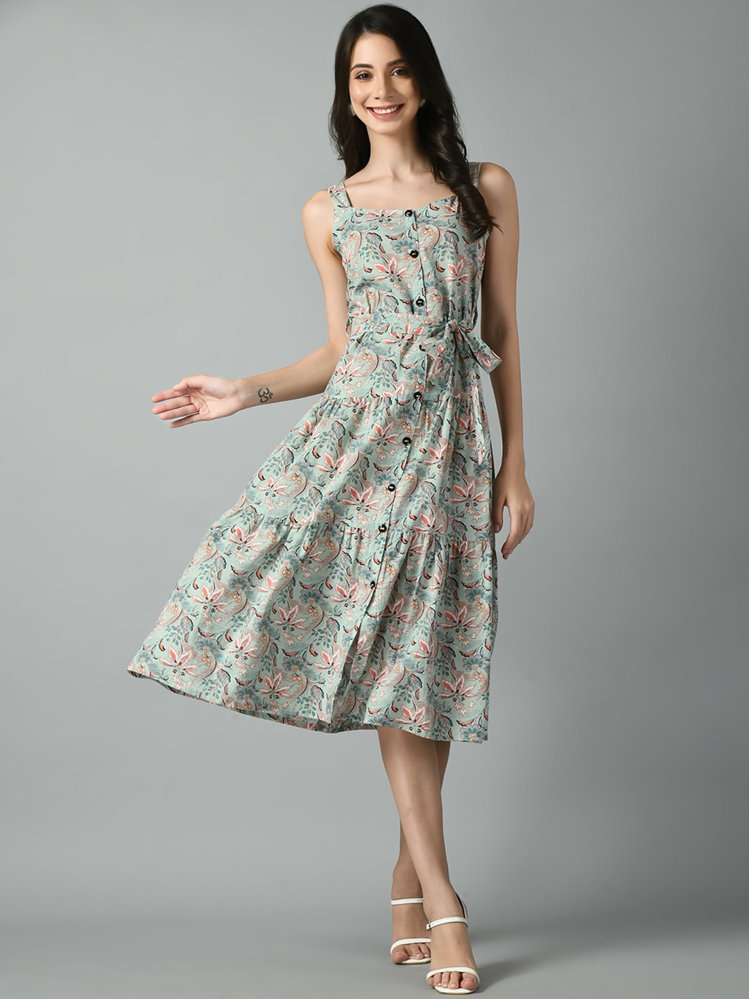 

DOISA Floral Printed Fit & Flare Midi Dress, Grey