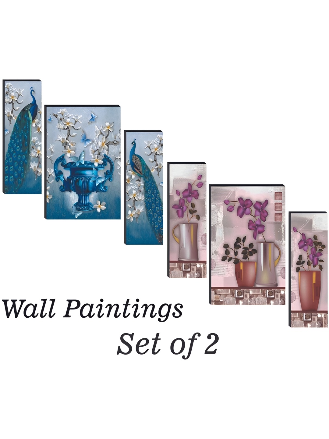 

WALLMAX Blue & Purple 6 Piece Woodwn Floral and Botanical Paintings Wall Art