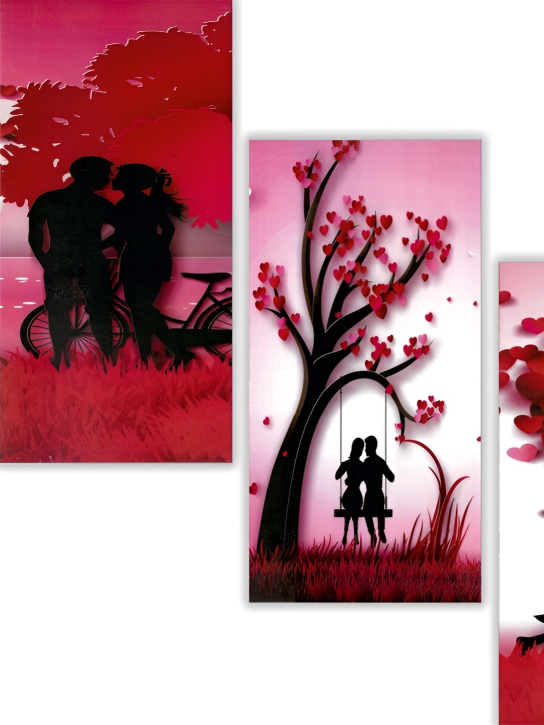 WALLMAX Red & Pink 3 Pieces Wooden Floral and Botanical Paintings Wall Art