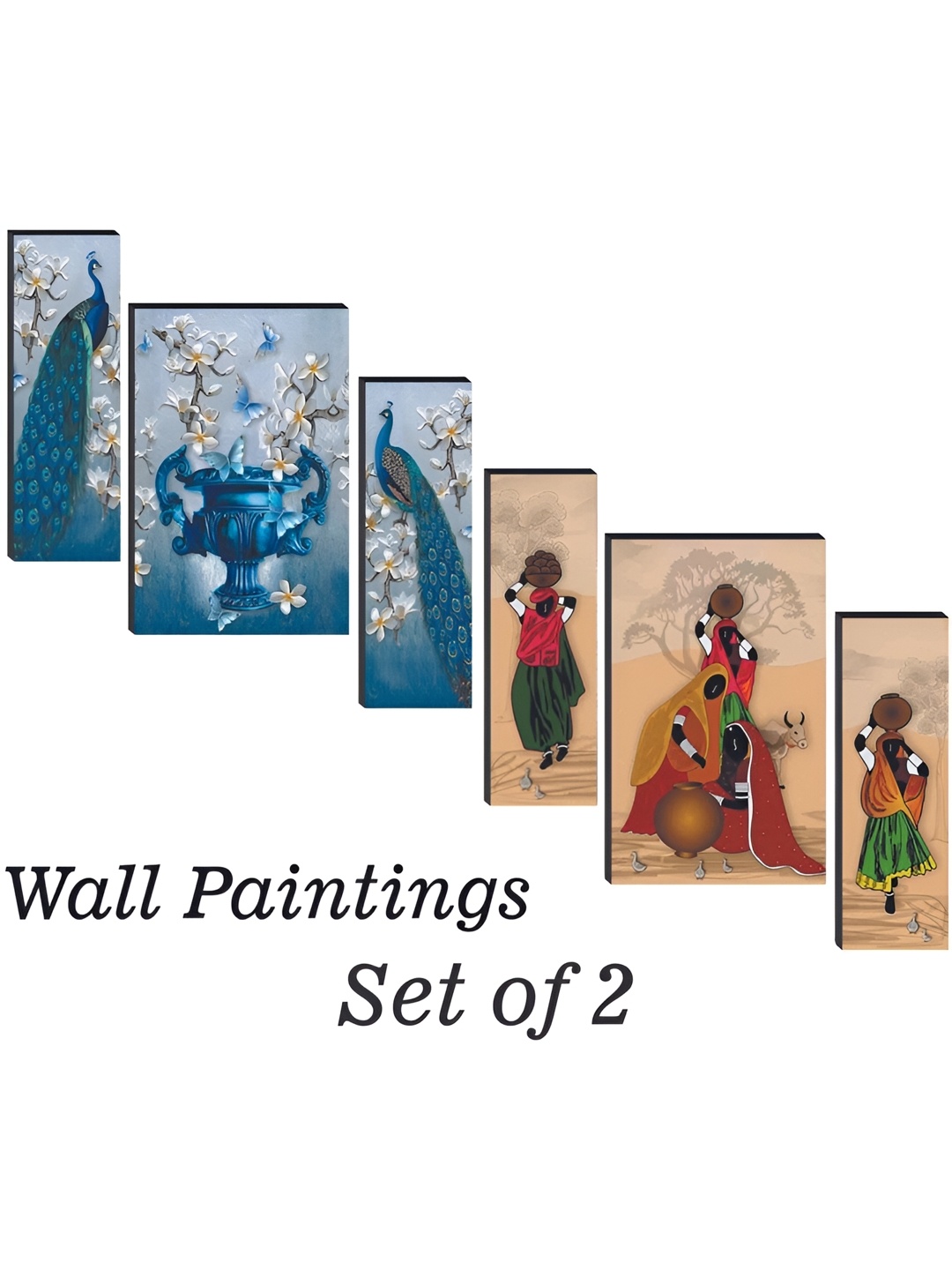 

WALLMAX Blue & White 6 Pieces Wooden Paintings Wall Arts