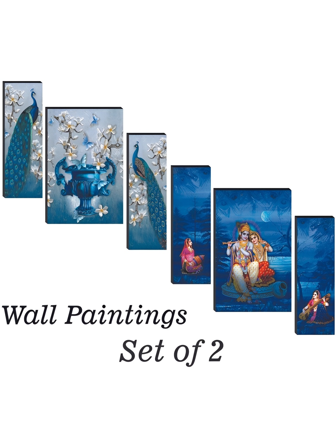 

WALLMAX Blue & White 6 Pieces Radhakrishna & Birds UV Textured Framed Painting Wall Arts
