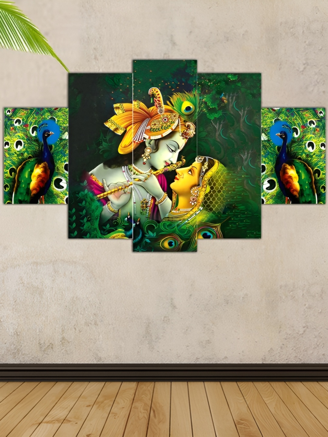 

WALLMAX Green & Yellow 5 Pieces Radhakrishna UV Textured Framed Painting Wall Arts