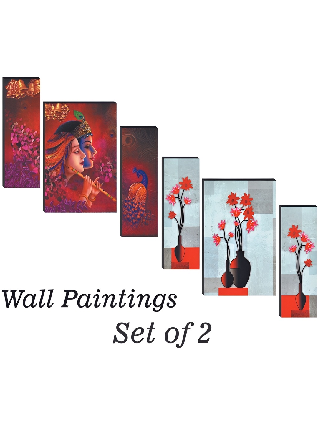 WALLMAX Red & White 6 Pieces Wooden Paintings Wall Arts