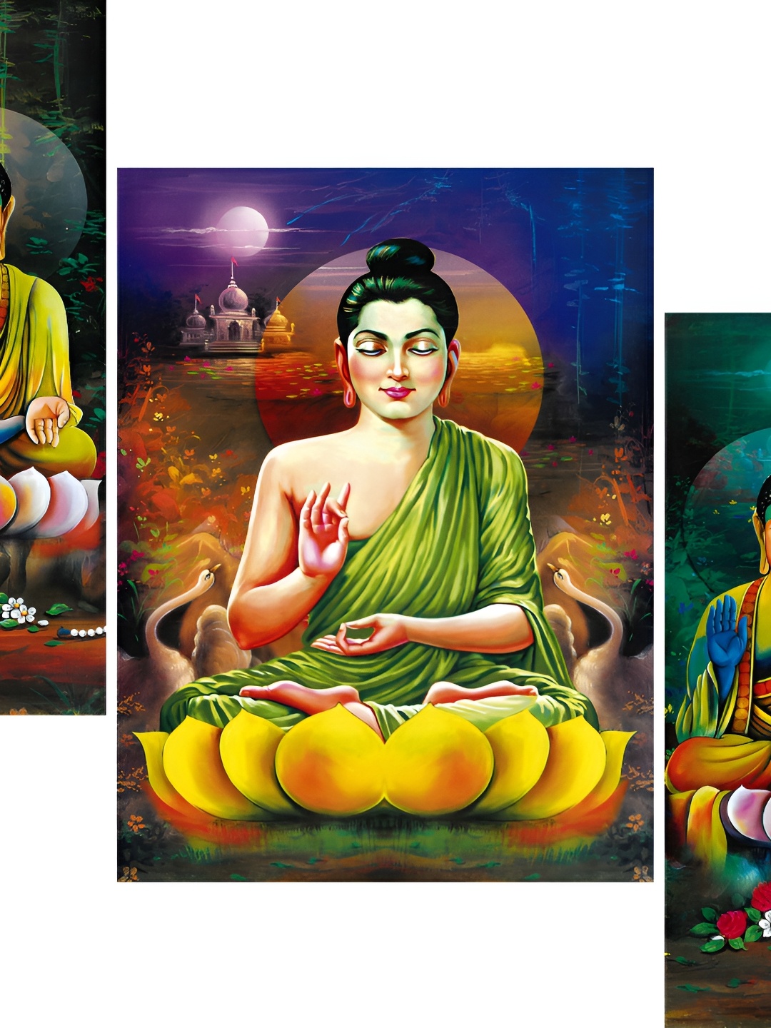 WALLMAX Green & Blue 3 Pieces Buddha UV Texured Framed Painting Wall Arts