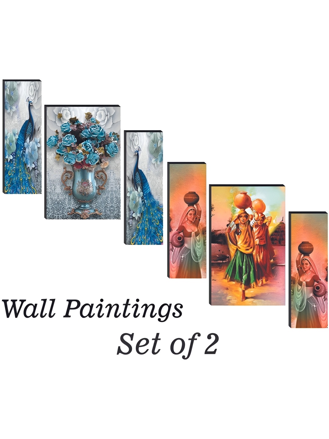 WALLMAX Blue & Pink 6 Pieces Wooden Painting Wall Art