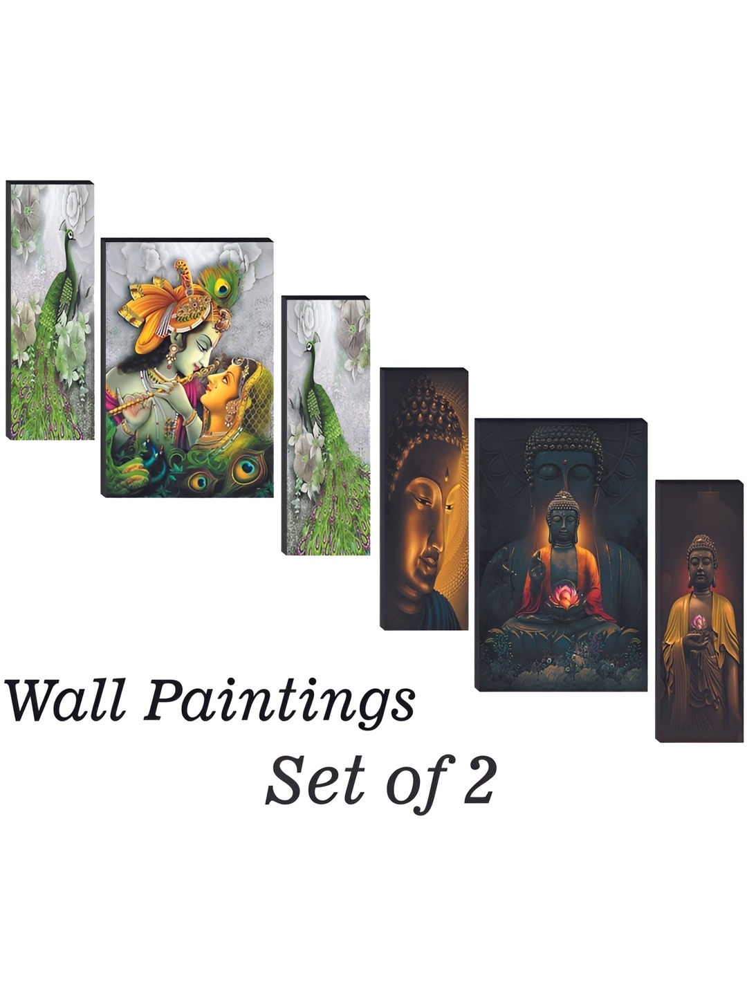 

WALLMAX Green 6 Pcs Radha Krishna & Buddha UV Textured Framed Painting Wall Art