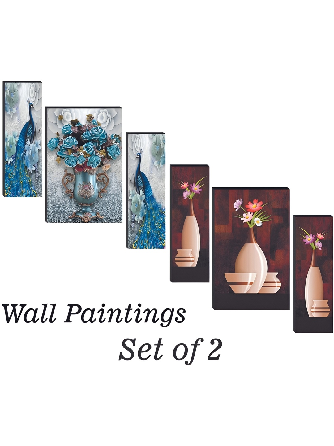 

WALLMAX Blue & Beige 6 Piece Flowes & Birds UV Textured Framed Painting Wall Art