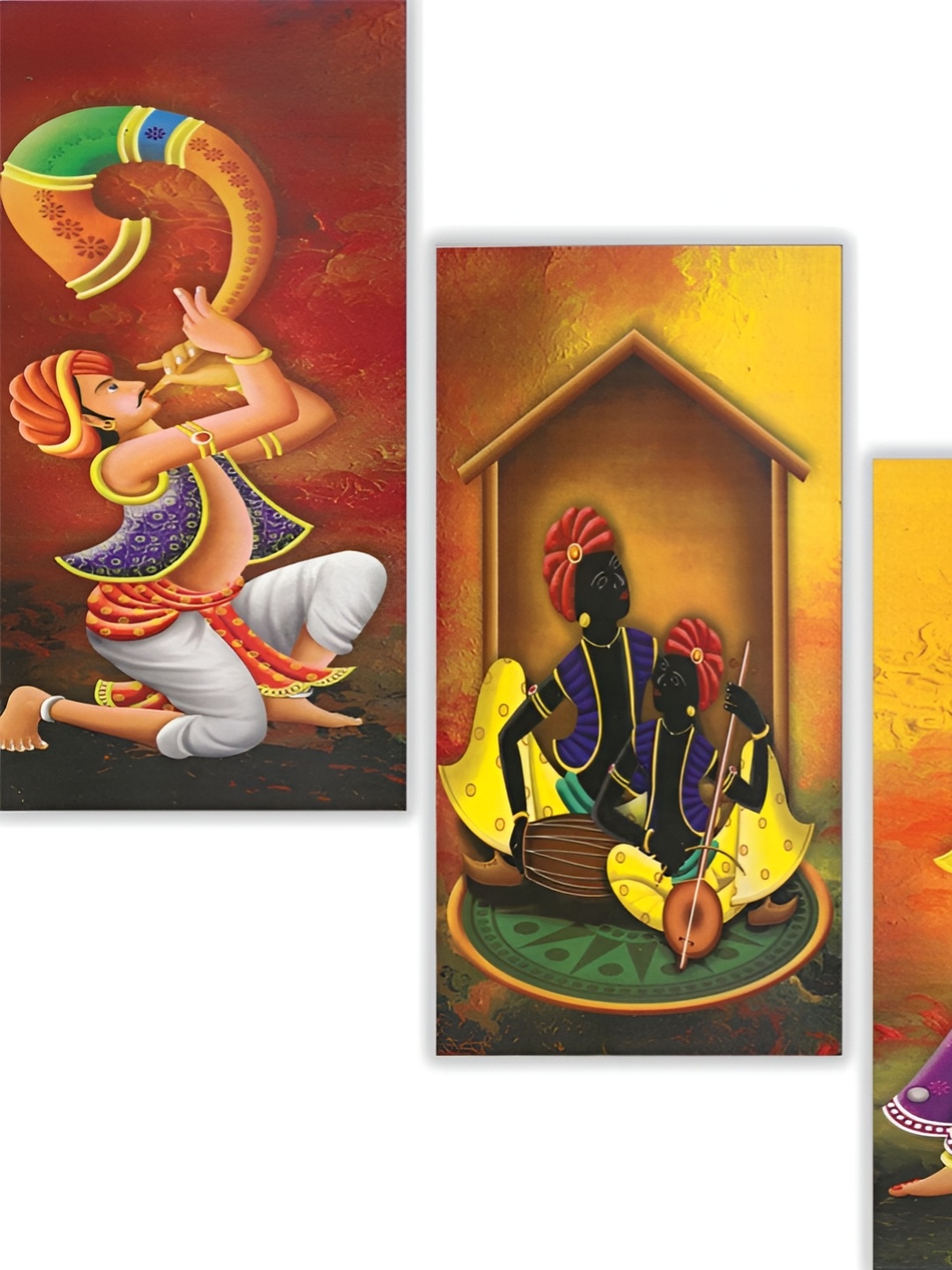 

WALLMAX Red & Yellow 3 Piece Musicians UV Textured Framed Painting Wall Art
