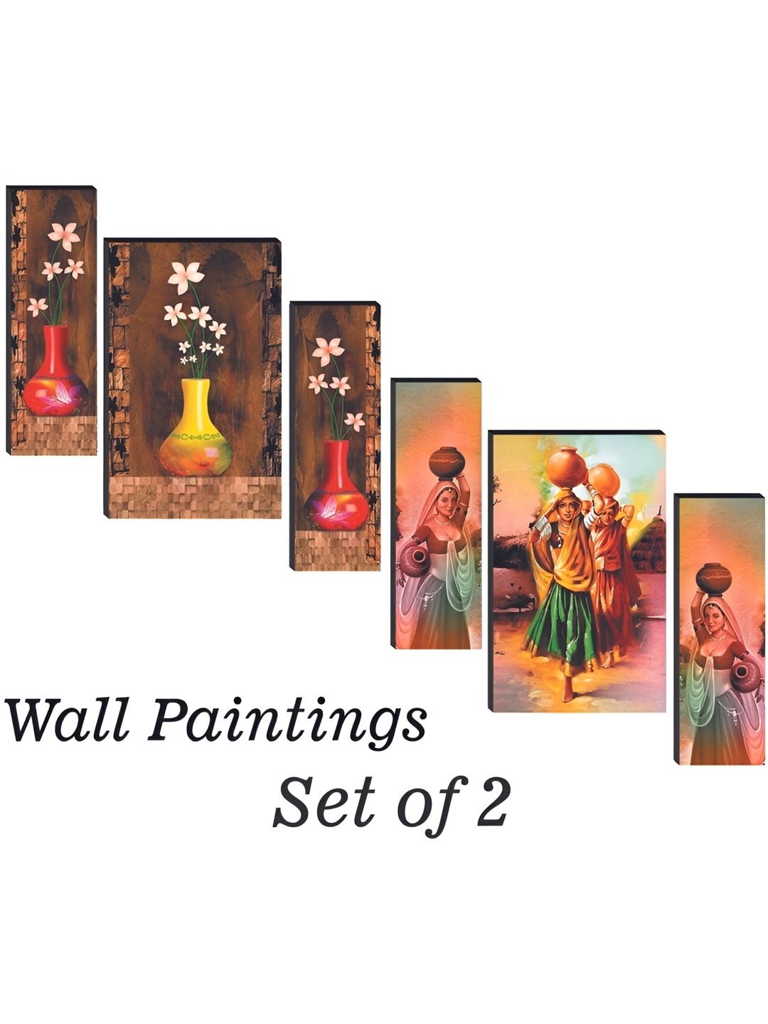 WALLMAX Red & Beige 6 Piece Flower Vases & Womens UV Textured Framed Painting Wall Art