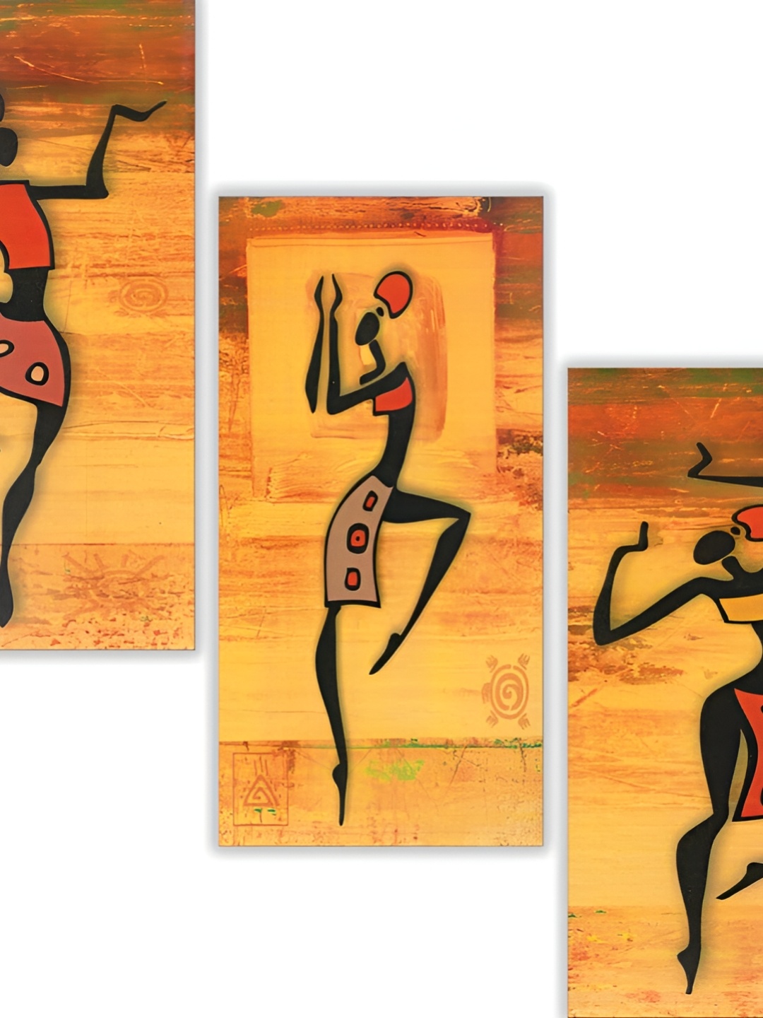 

WALLMAX Yellow & Red 3 Piece Trible People UV Textured Framed Painting Wall Art
