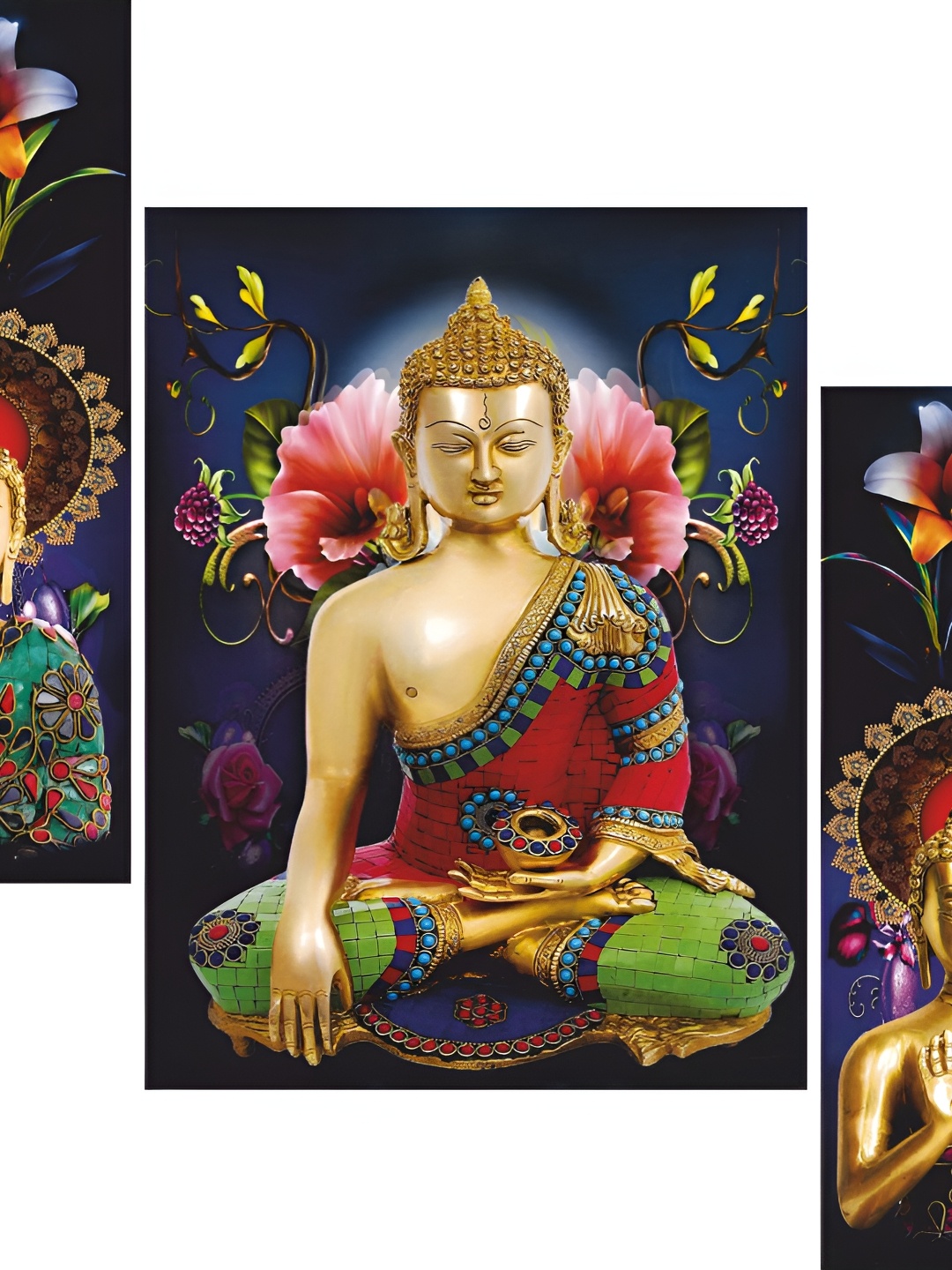 

WALLMAX Blue & Gold Toned 3 Pcs Buddha UV Textured Framed Painting Wall Art