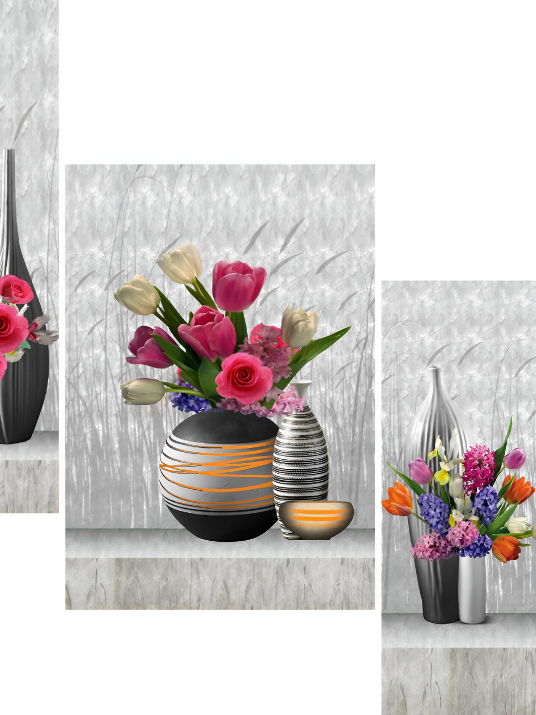 

WALLMAX Grey & Pink 3 Pcs Flower Vases UV Textured Framed Painting Wall Art