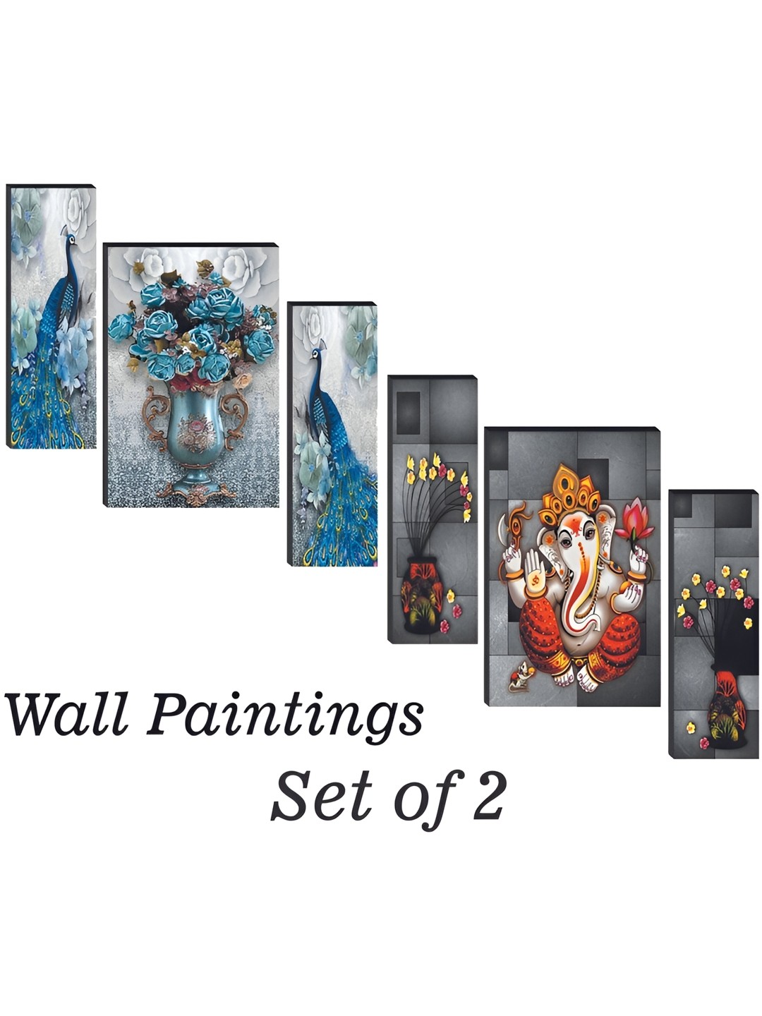 

WALLMAX Blue & Red 6 Pcs Birds & Ganesha UV Textured Framed Painting Wall Art