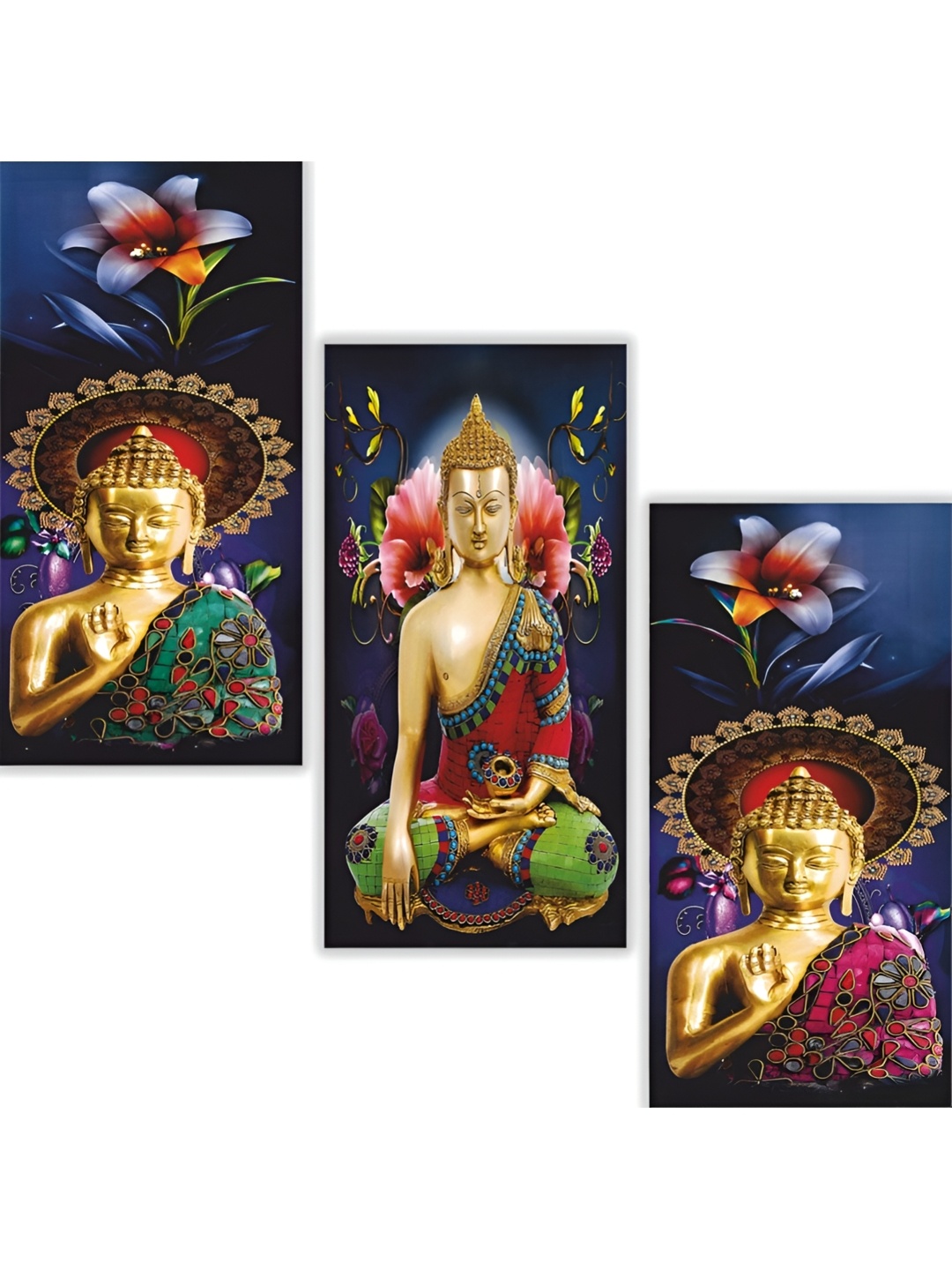 WALLMAX Green & Blue 3 Pieces Buddha UV Textured MDF Framed Wall Painting