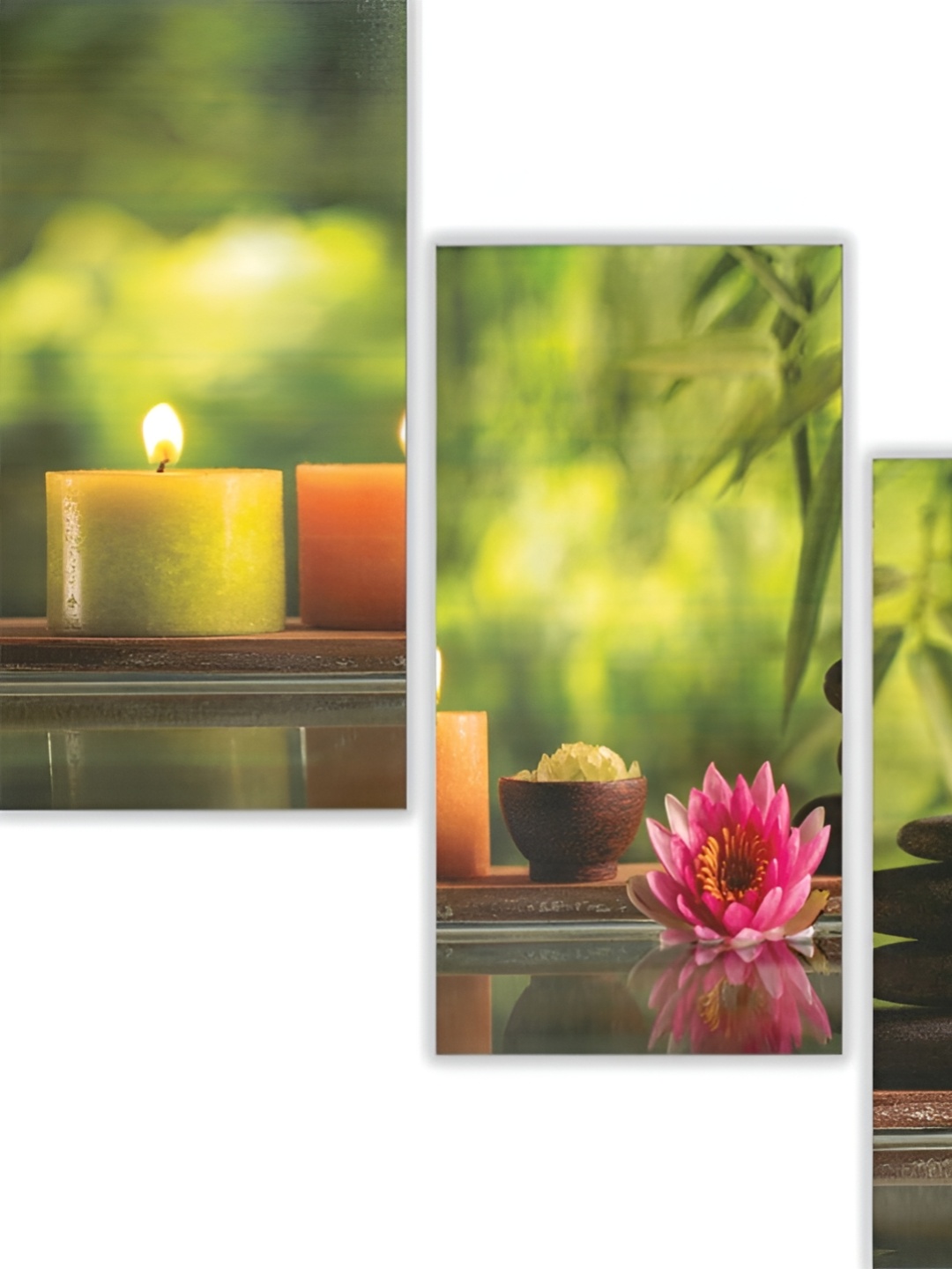 WALLMAX 3 Pieces Green & Yellow UV Textured MDF Framed Painting Wall Art