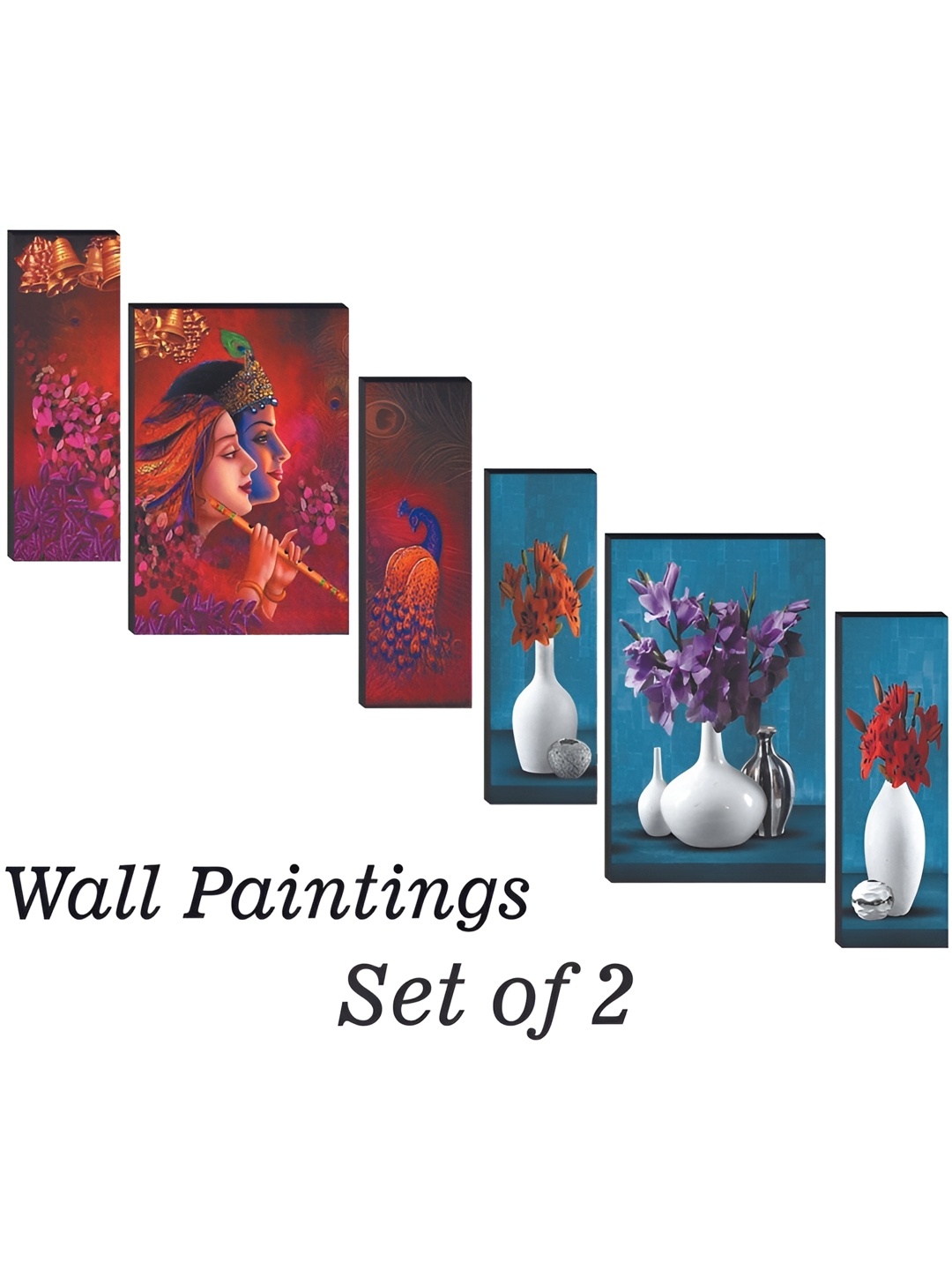 WALLMAX Red & Blue 6 Pcs UV Textured MDF Framed Painting Wall Art