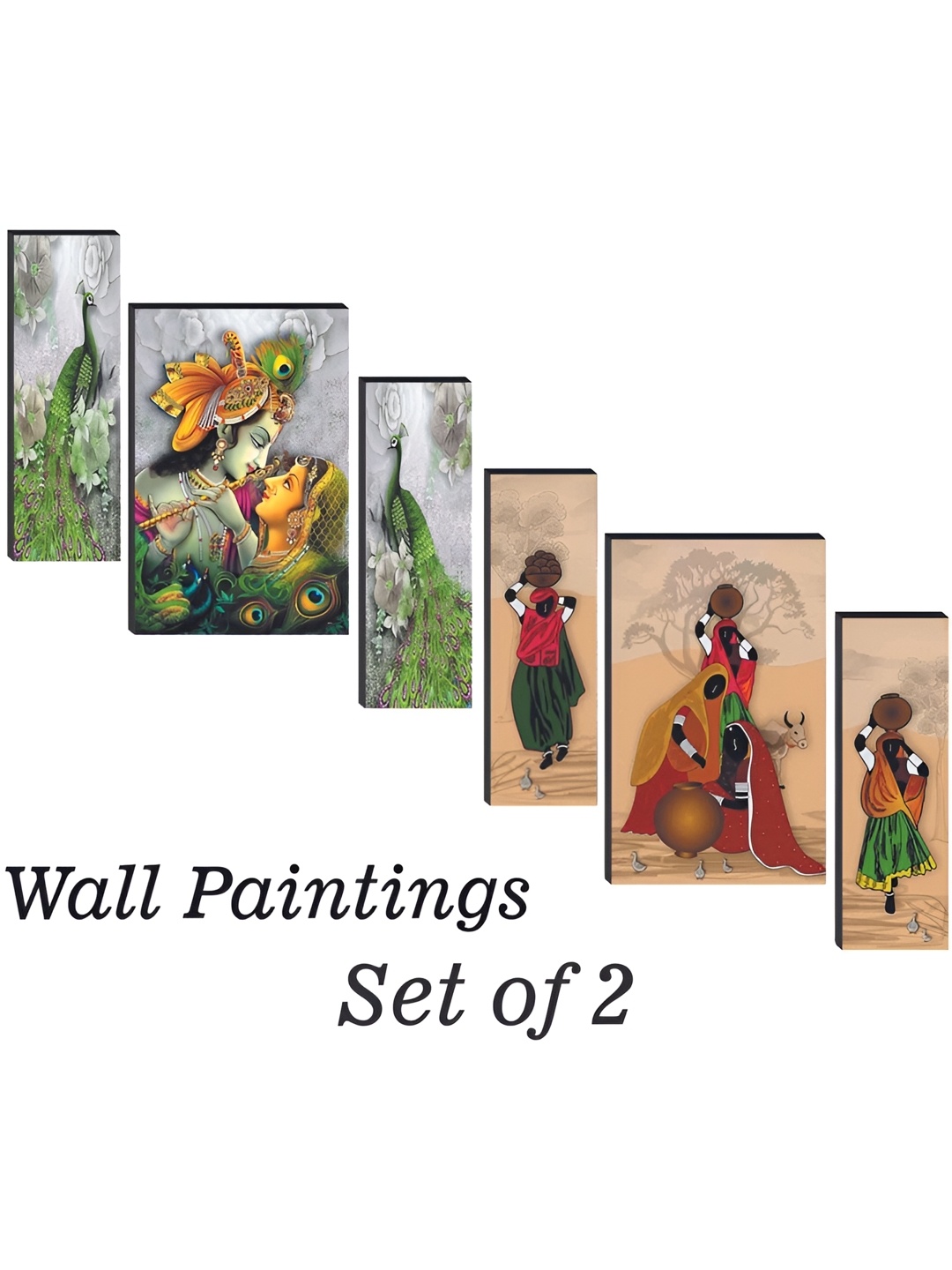 

WALLMAX Yellow & Green 6 Pcs Flowers Vases UV Textured Framed Painting Wall Art