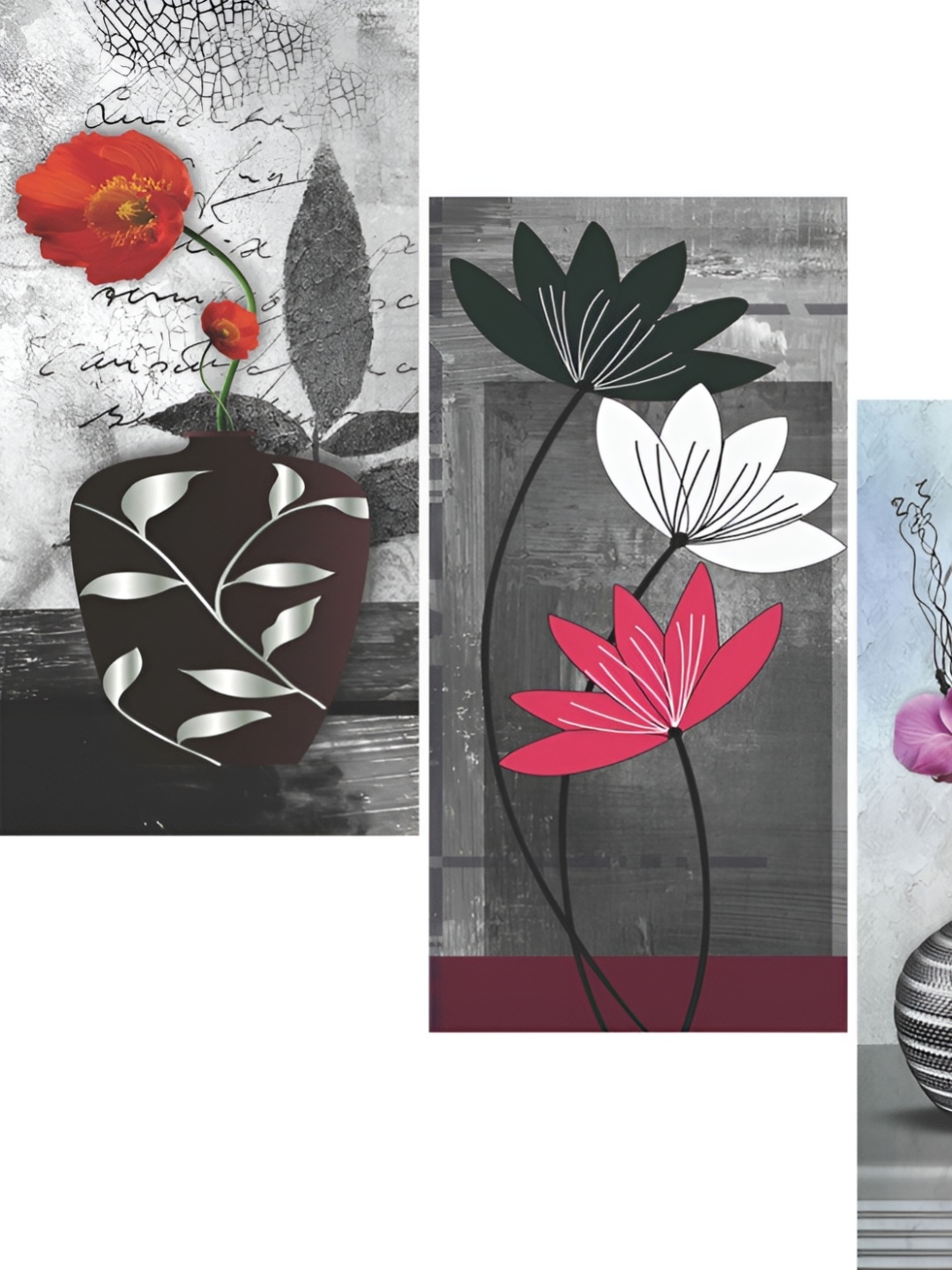 

WALLMAX Red & Black 3 Pcs Floral UV Textured Framed Painting Wall Art