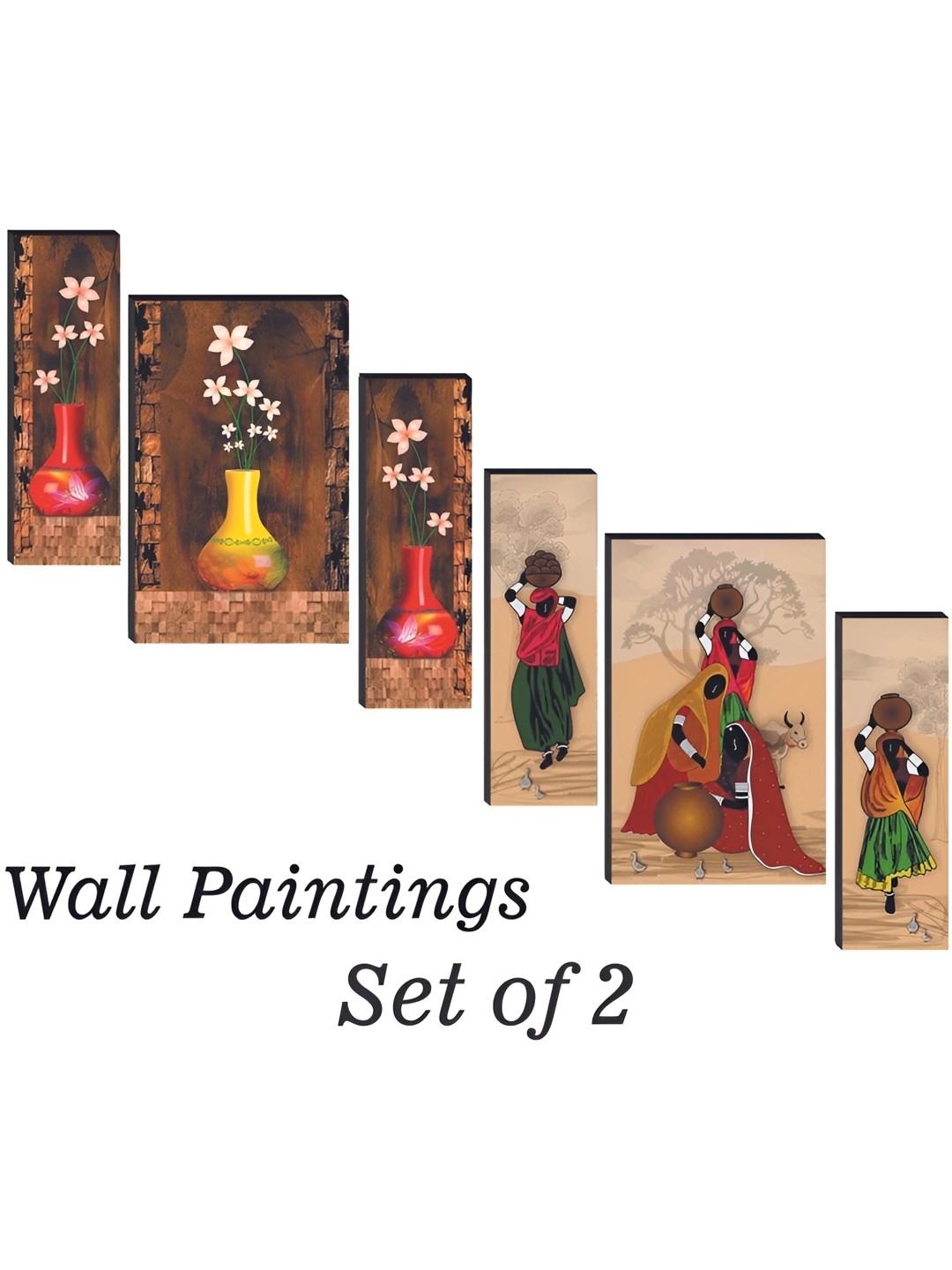 

WALLMAX Yellow & Pink 6 Pieces Flowers Vases UV Textured Framed Painting Wall Art