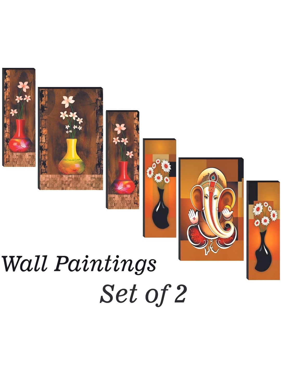 

WALLMAX Yellow & Pink 6 Pcs Flowers Vases UV Textured Framed Painting Wall Art