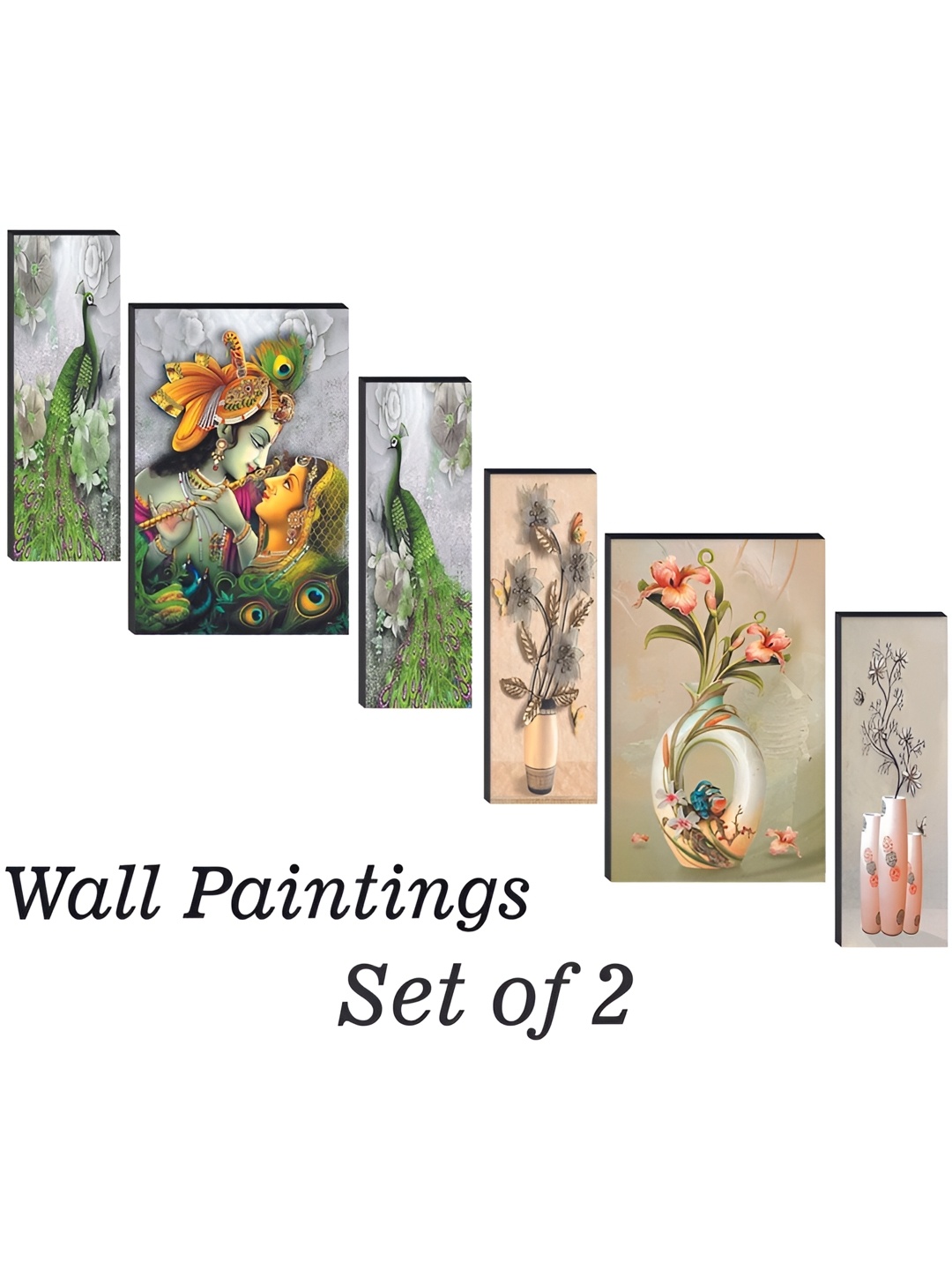 

WALLMAX Green &Peach Colored 6 Pcs UV Textured MDF Framed Painting Wall Art