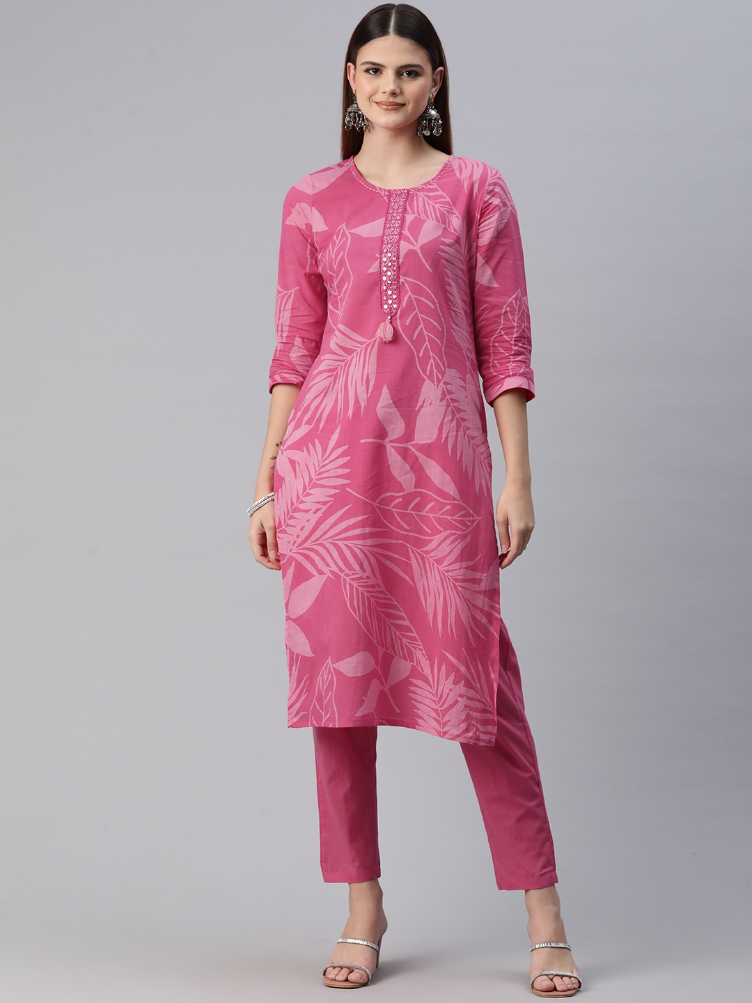 

Readiprint Floral Printed Mirror Work Pure Cotton Kurta with Trousers, Pink