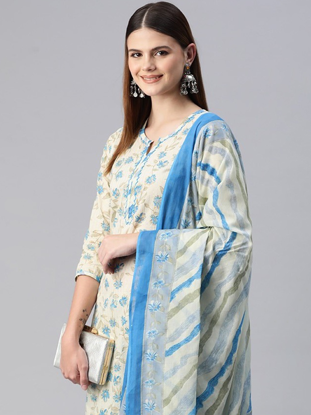 

Readiprint Women Printed Thread Work Cotton Kurta with Trousers & With Dupatta, Blue