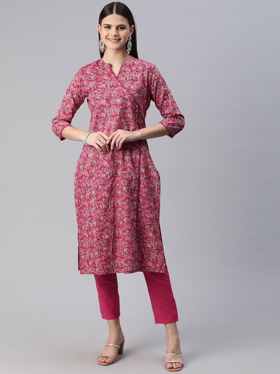 

Readiprint Fashions Women Floral Printed Angrakha Sequinned Pure Cotton Kurta with Trousers, Pink