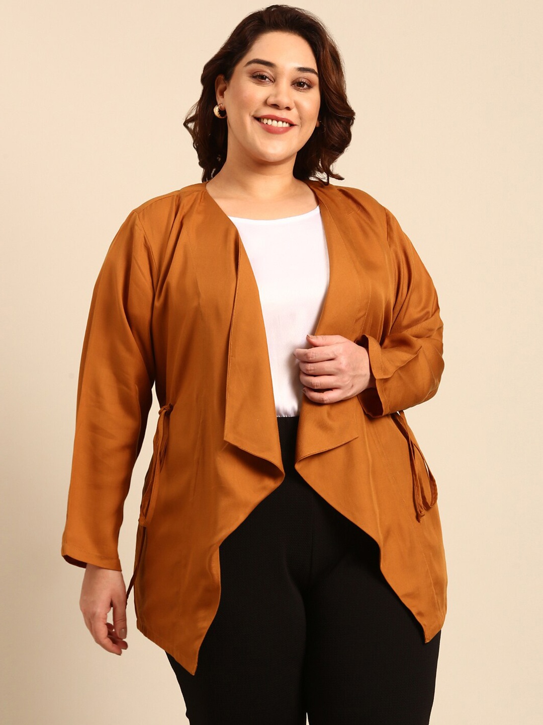 

The Pink Moon Plus Size Asymmetric Open Front Jacket, Camel brown