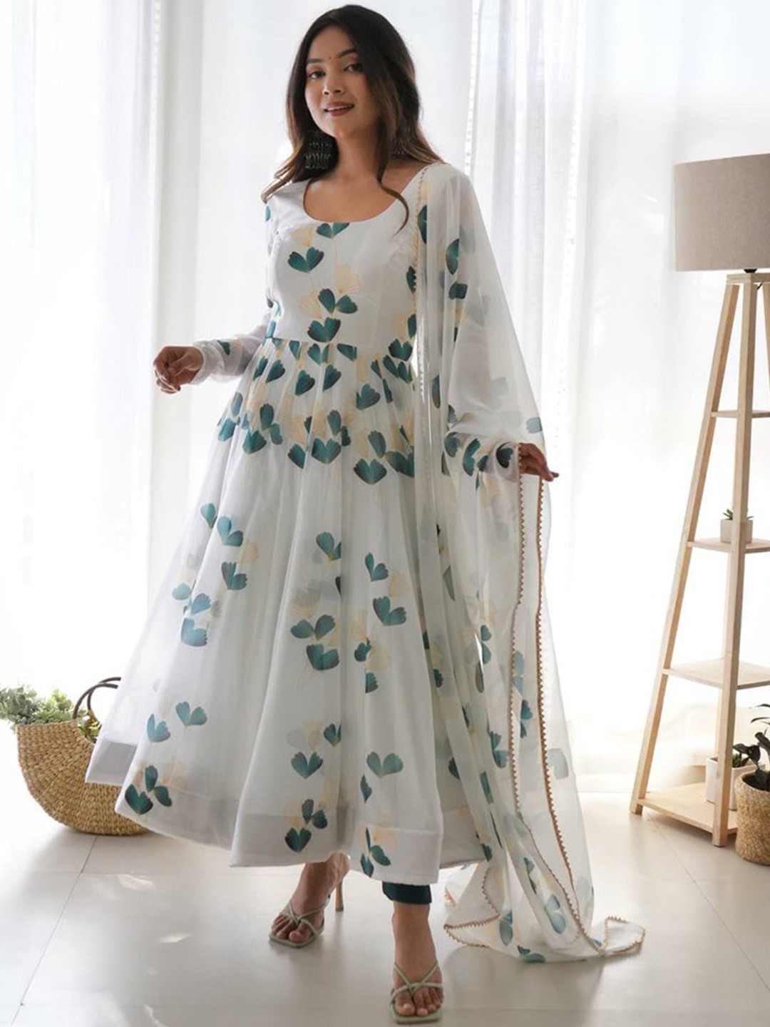 

BLACK SCISSOR Floral Printed Organza Anarkali Kurta With Dupatta, White