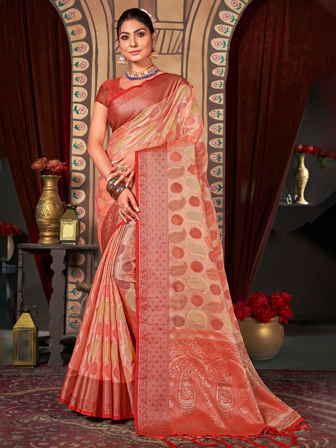 

Mitera Peach & Gold toned Ethnic Motifs Woven Design Zari Organza Saree