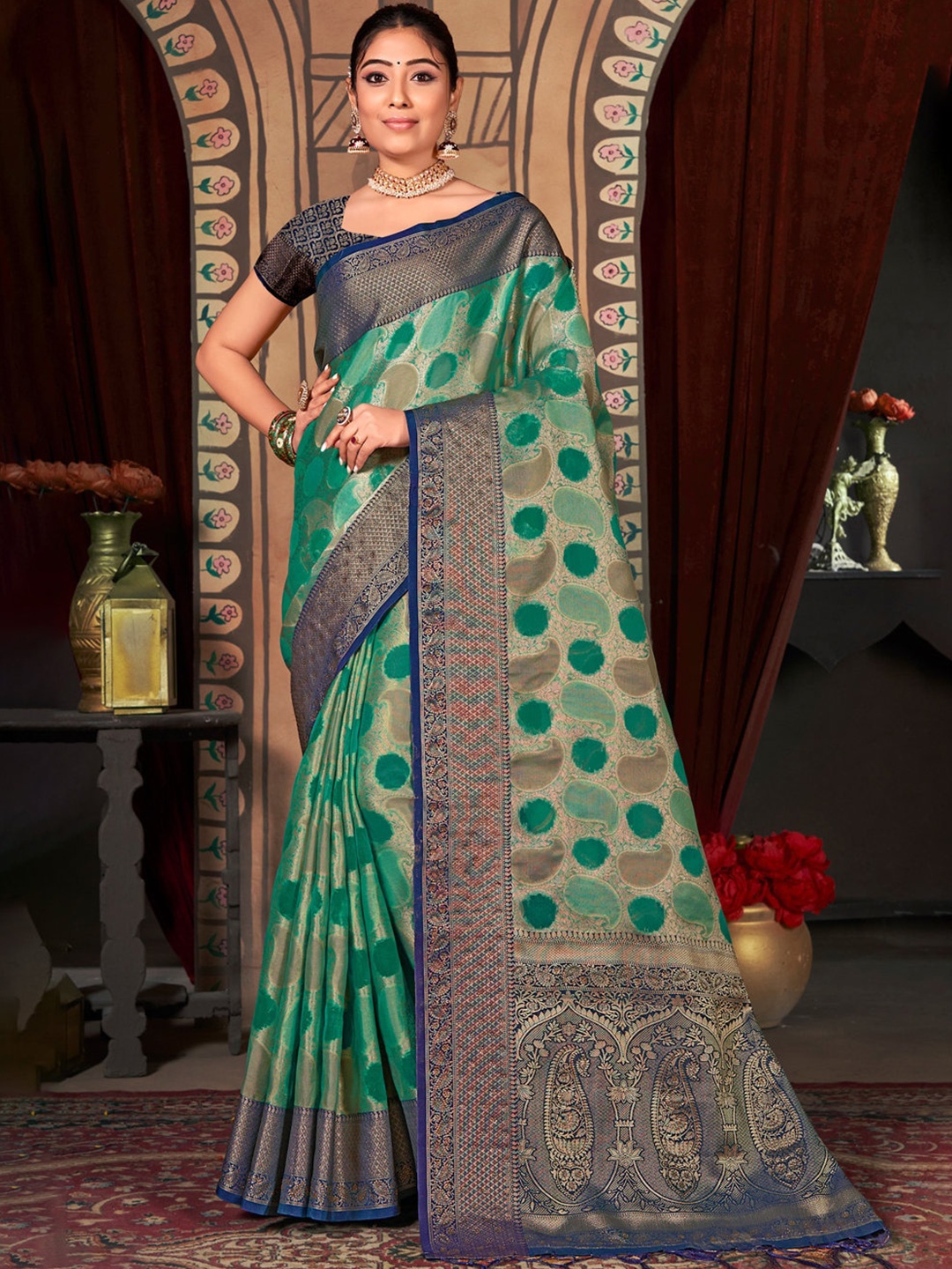 

Mitera Floral Woven Design Zari Organza Saree, Teal