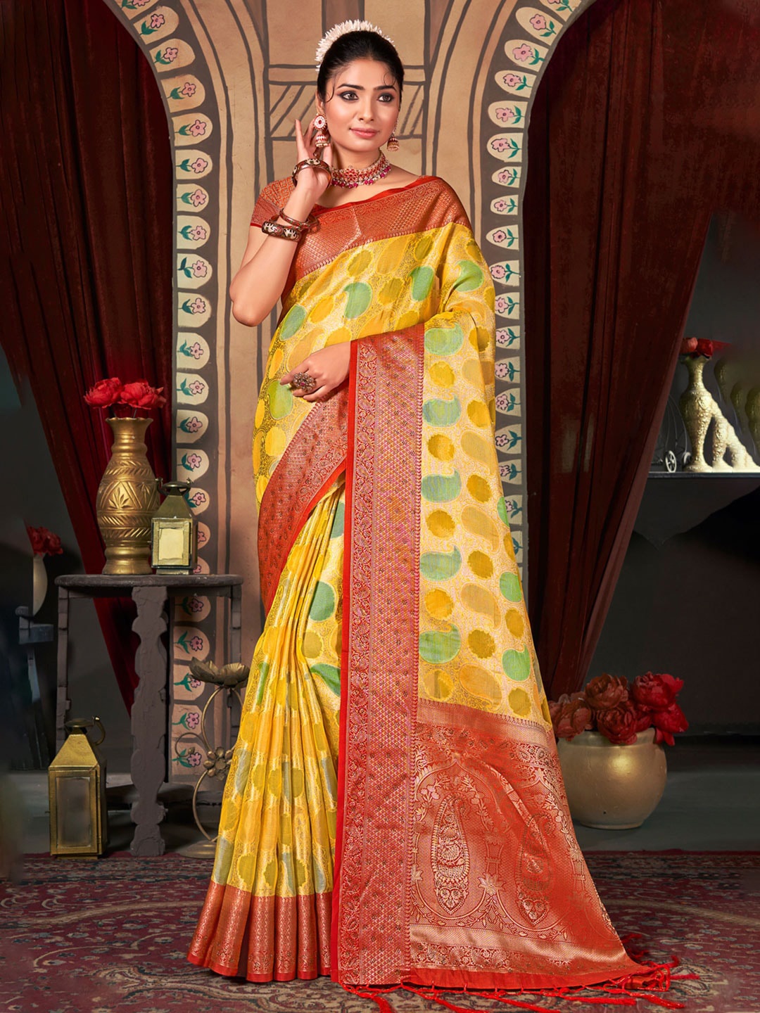 

Mitera Woven Design Zari Organza Saree, Yellow