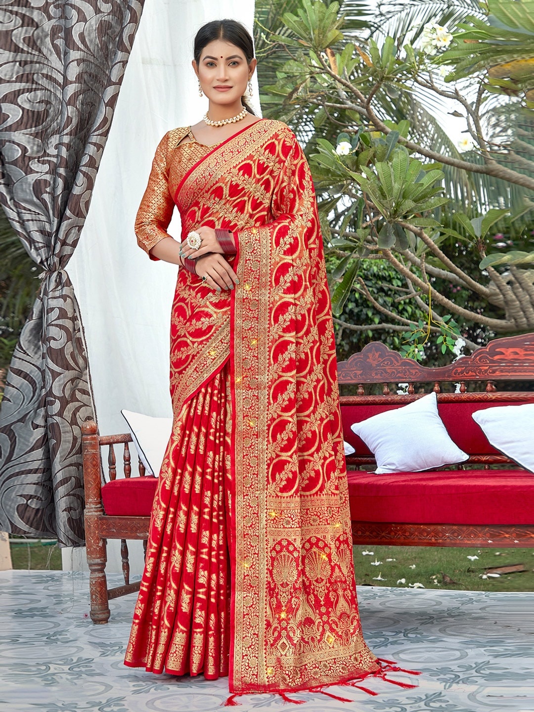 

Mitera Woven Design Zari Organza Saree, Red