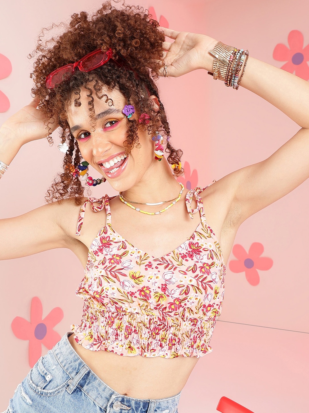 

PRETTY LOVING THING Floral Printed Smocking Crop Top, Peach