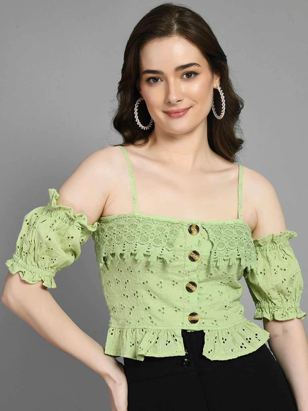 

PRETTY LOVING THING Self Design Shoulder Straps Puff Sleeve Cotton Crop Top, Green