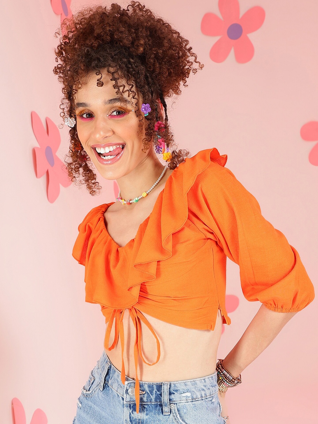 

PRETTY LOVING THING V-Neck Ruffles Crop Top, Orange