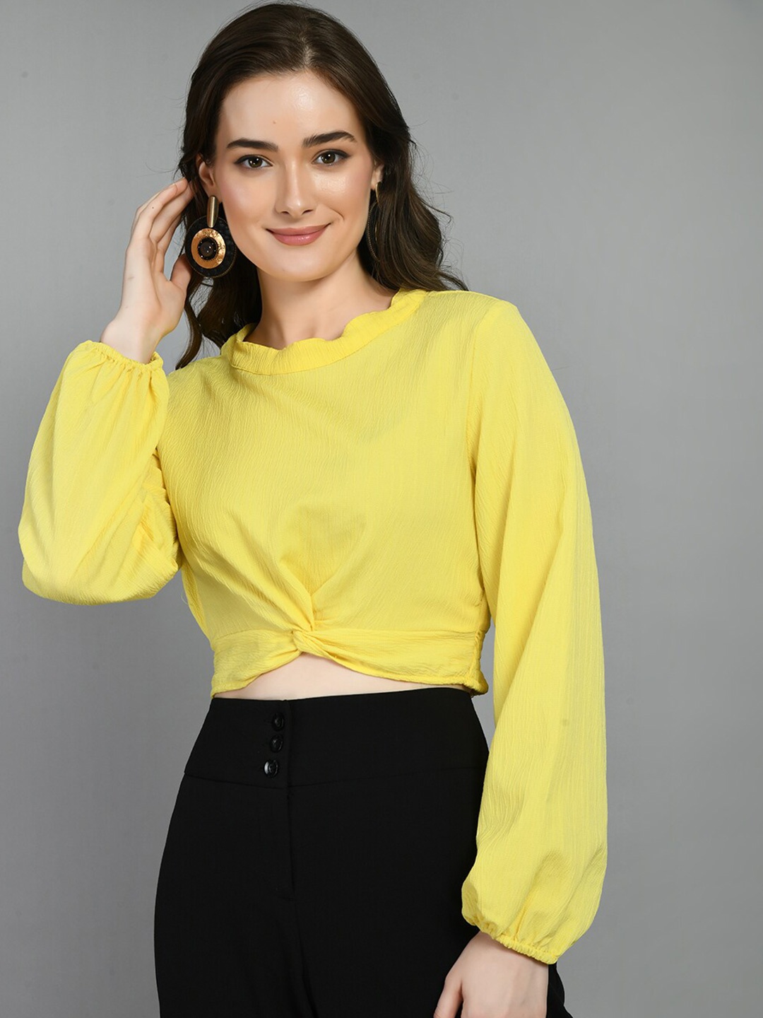 

PRETTY LOVING THING Self Design Striped Crepe Top, Yellow