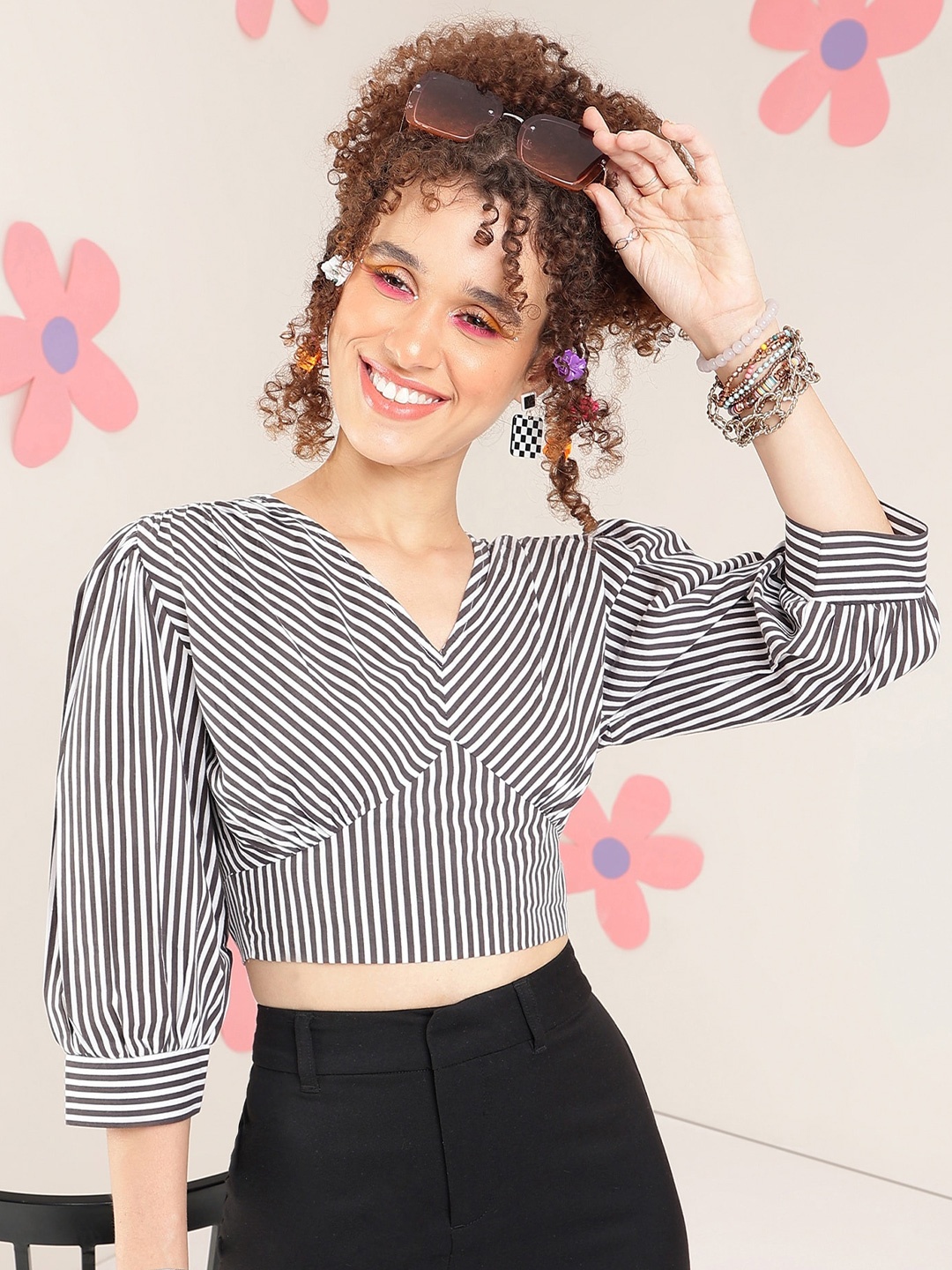 

PRETTY LOVING THING Vertical Stripes Puff Sleeves V-Neck Cotton Wrap Crop Top, Black