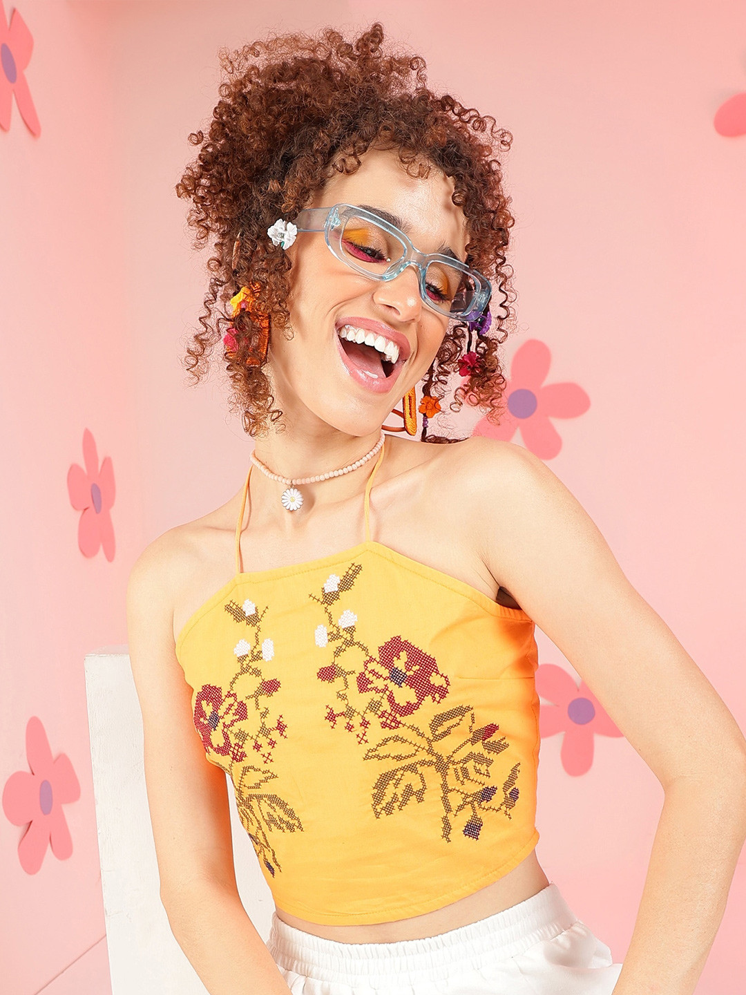 

PRETTY LOVING THING Floral Printed Halter Neck Cotton Crop Top, Orange