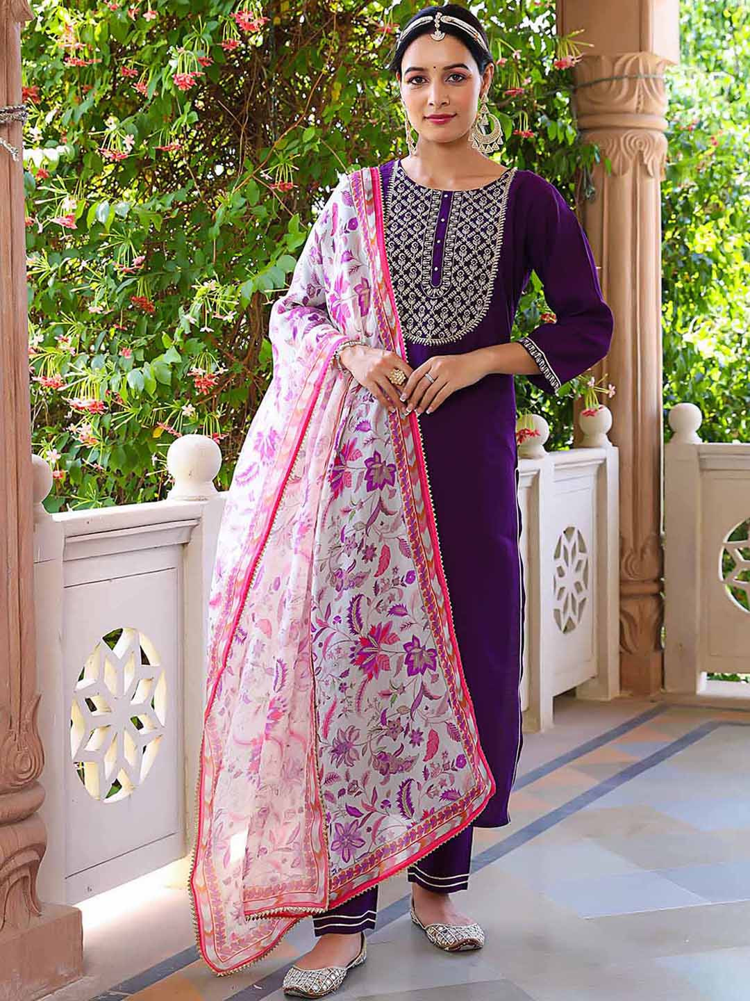 

BESUCHER Floral Yoke Design Thread Work Round Neck Straight Kurta with Trousers Dupatta, Purple