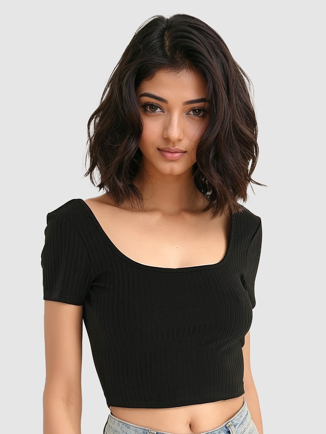 

MYWISHBAG Scoop Neck Short sleeves Regular Crop Top, Black