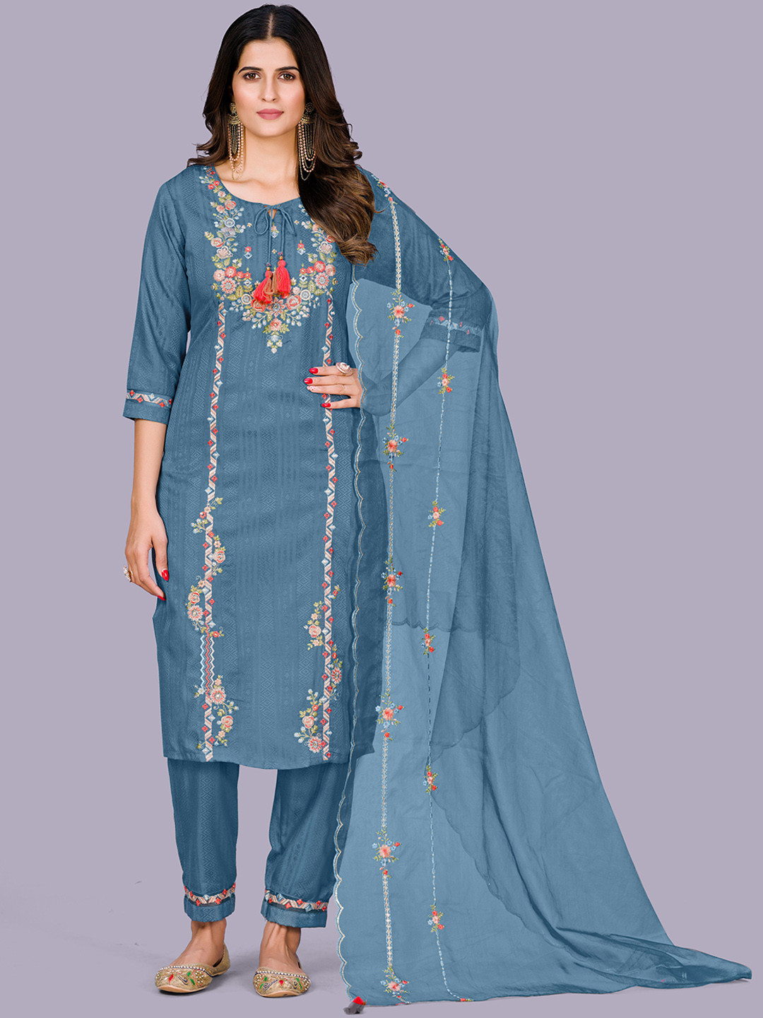

BESUCHER Ethnic Motifs Embroidered Thread Work Kurta With Trouser & Dupatta, Teal